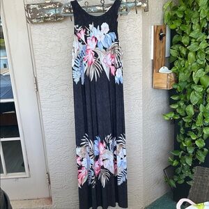 Beautiful Floral Tommy Bahama Maxi Dress with Pink and Blue Accents on Black.